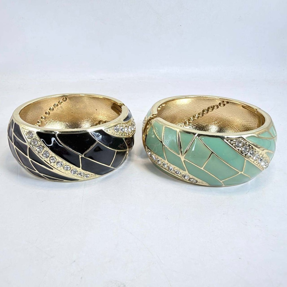 Set of 2 Enamel Rhinestone Hinged Bangle Bracelets Black Mint Green Gold Tone